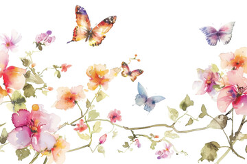 A painting of flowers and butterflies against a transparent background.