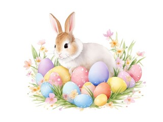 Watercolor Happy Easter watercolor with cute Easter rabbit, eggs, spring flowers and chick. Watercolor illustration isolated on white background. Generative AI.