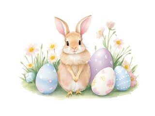 Watercolor Happy Easter watercolor with cute Easter rabbit, eggs, spring flowers and chick. Watercolor illustration isolated on white background. Generative AI.