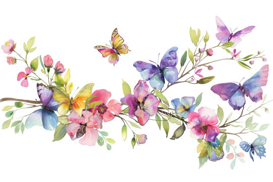 A painting of flowers and butterflies against a transparent background.