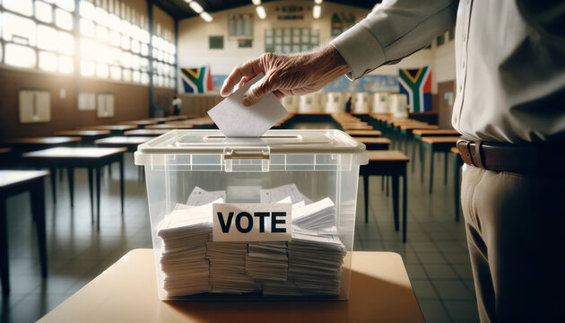 Casting a vote into a ballot box during the South African elections .