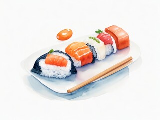 Watercolor minimal sushi. Watercolor illustration isolated on white background. Generative AI.