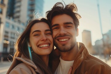 Profile portrait of cheerful lovely partners cuddle toothy smile enjoy warm sunny weather city center skyscrapers outdoors - obrazy, fototapety, plakaty