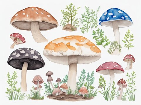 Watercolor Mushroom Life Cycle Clipart, Watercolor Forest Florals Life Cycle Poster, fungus, fingi homeschool card, Learning game, Kids School Educational clip art, Nature Print. Generative AI.