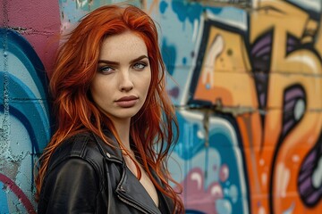 a woman with red hair in front of a graffiti wall