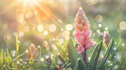 Fototapeta premium Bunch of pink hyacinth covered in water droplets
