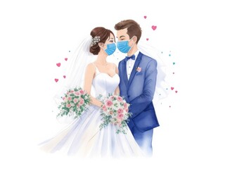 Watercolor Wedding couple wearing protective mask in the middle of corona pandemic. Wedding cake topper.Watercolor illustration isolated on white background . Generative AI.