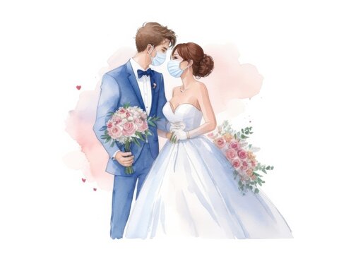 Watercolor Wedding couple wearing protective mask in the middle of corona pandemic. Wedding cake topper.Watercolor illustration isolated on white background . Generative AI.