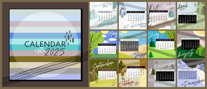 Calendar 2025. Colorful monthly calendar with various landscapes. Cover and 12 monthly pages. Week starts on Sunday, vector illustration. Square pages.