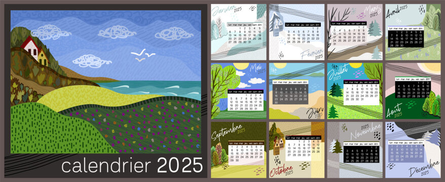 Calendar 2025 in french language. Colorful monthly calendar with various landscapes. Cover and 12 monthly pages. Week starts on Monday, vector illustration. Square pages.