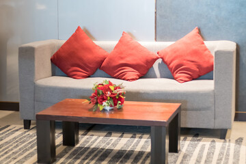 Red pillow on sofa decoration in living room interior