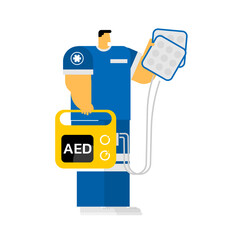 The cartoon character of  a healthcare with AED on isolated background.