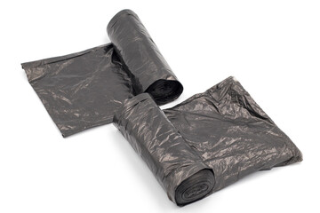 Roll of plastic garbage bags on white background,  Cleaning supplies