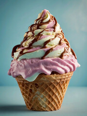 Delicioso y cremoso cono de helado de fresa y menta con sirope de chocolate sobre fondo azul. - obrazy, fototapety, plakaty