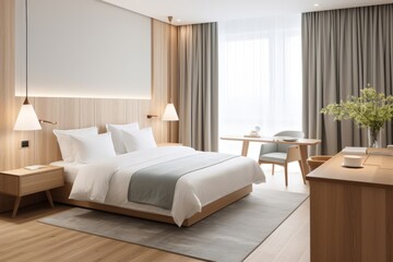 Large double bed in modern hotel room, in light colors
