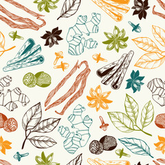 Hand-drawn herbs and spices background. Vinatge food seamless pattern. Kitchen spices sketches for packaging, fabric, menu, labels. NOT AI generated - 755698047