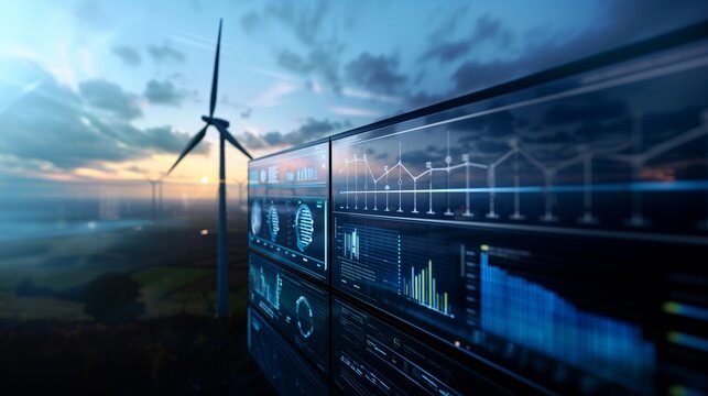 Modern wind turbine with a detailed energy data analytics dashboard in the foreground, displaying real-time statistics and graphs for effective power production monitoring.