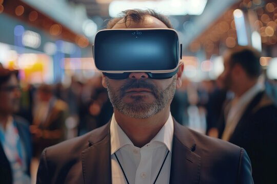 Vr experience senior business manager man attend meeting wearing vr virtual goggle glasses standing in autitorium convention hall with crowd of business people background 