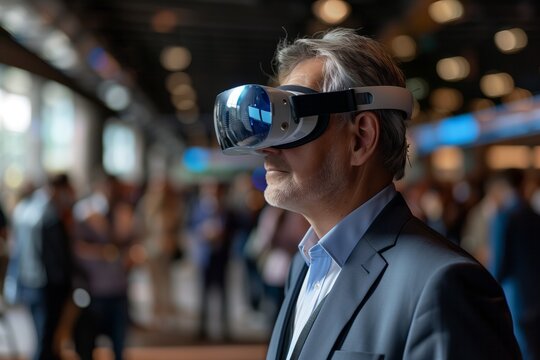 Vr experience senior business manager man attend meeting wearing vr virtual goggle glasses standing in autitorium convention hall with crowd of business people background 