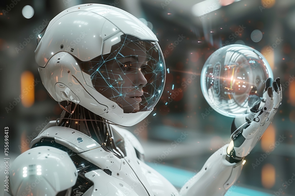 Poster white robot woman using digital sphere connection hologram 3d rendering