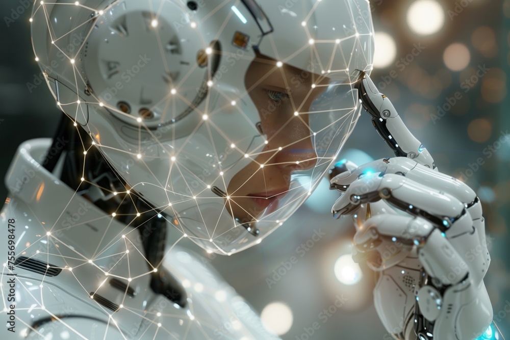 Aufkleber white robot woman using digital sphere connection hologram 3d rendering