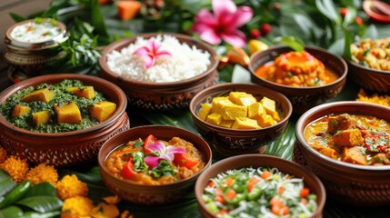 A festive spread of traditional Ugadi dishes such as Ugadi Pachadi, symbolizing different flavors...