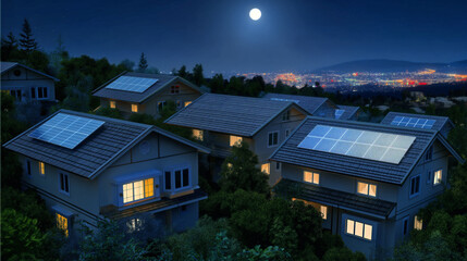 Houses in suburb with solar panels at night - 755698869
