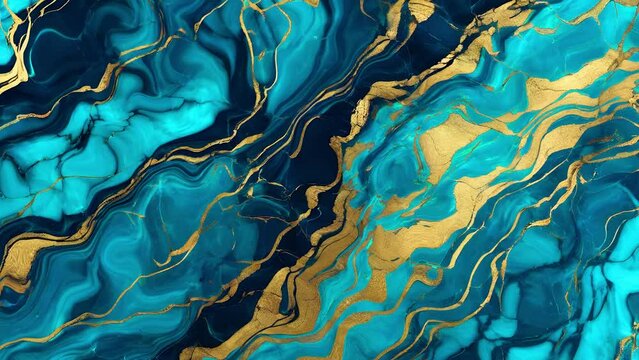 Turquoise golden liquid agate design. Stone texture. Animated luxurious background. Fluid art.