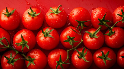 Cherry tomatoes with water drops on a red background, top view