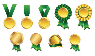 gold and green award medal ribbons set