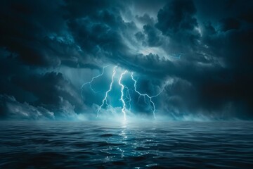 A striking image of a bright blue lightning bolt piercing through a dark sky. This powerful and electrifying photo captures the raw energy and intensity of a lightning storm. Perfect for illustrating  - obrazy, fototapety, plakaty