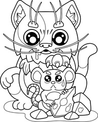 cute little kitten hunting a mouse, coloring book - 755700019