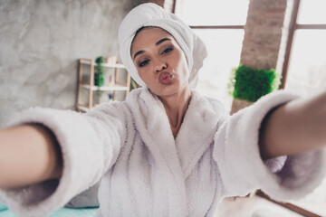 Photo portrait of lovely young lady selfie photo kiss lips head wrapped towel dressed bath robe...