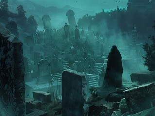 3D Illustrate of As they traversed the digital landscape the heroes stumbled upon a cursed graveyard where the souls of the undead roamed freely - obrazy, fototapety, plakaty