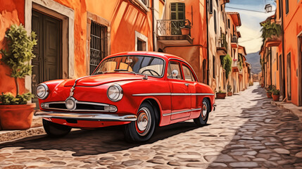 Roter alter Oldtimer in einer italienischen Straße, Kunst Design