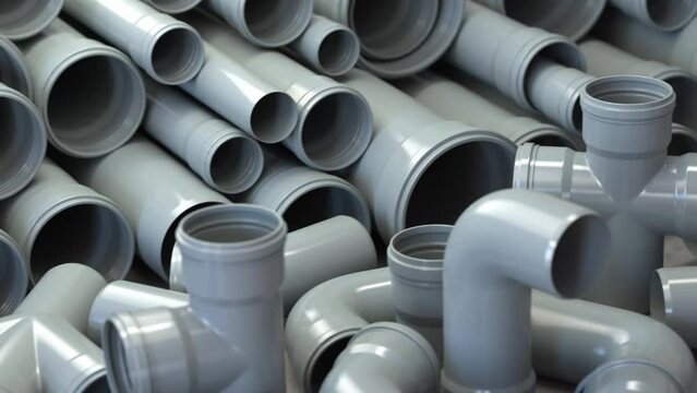 PVC plastic pipes and tubes for sewage systems in warehouse. 3d animation