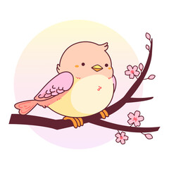 Cute colorful illustration of bird perched on blooming sakura tree branch. Spring cherry blossom. Vector isolated on white background. Concept digital art, hand drawn style. Postcard design. Clip-art.