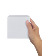 white cardboard box in hand, transparent background