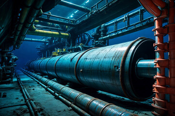 Iarge metal gas pipeline on the ocean floor. Concept for transporting gas on the ocean floor