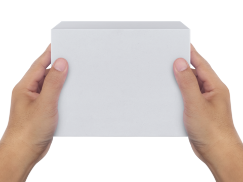 white cardboard box in hand, transparent background