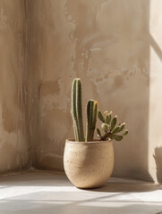 A tall cactus and small succulent share a neutral-toned pot, basking in the warm glow of sunlight in a room corner.