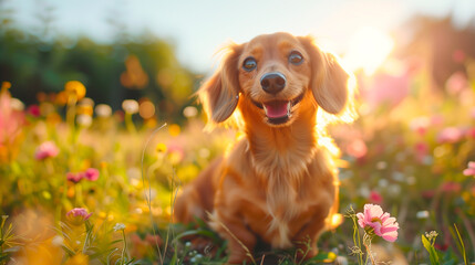A dachhund sitting in a meadow with flowers