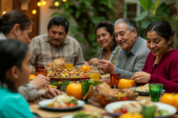 Fototapeta premium A family is gathered around a table with a variety of food, including a turkey