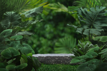 Stone tabletop podium floor in outdoors tropical garden forest blurred green leaf plant nature background.Natural product placement pedestal stand display,jungle paradise concept.