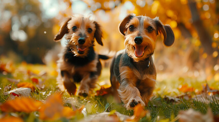 two dachshund puppies playing in a garden - obrazy, fototapety, plakaty