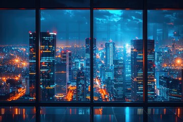 night view, several windows of modern city at night
