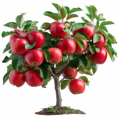Obraz premium Ripe red apples dangle from leafy branches in the autumn orchard, a colorful harvest scene.