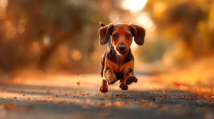 portrait of a cute dachshund running in the park - obrazy, fototapety, plakaty