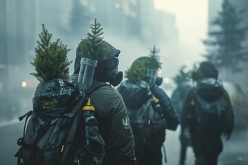 Individuals traverse a dust and smoke-filled urban landscape, respirators on, carrying glass tubes with trees on their backs. - obrazy, fototapety, plakaty