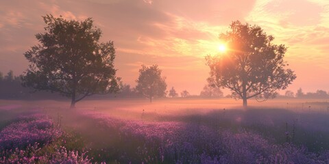 Naklejka premium trees standing on mist at sunrise on a field with purple flowers, in the style of daz3d, dutch tradition